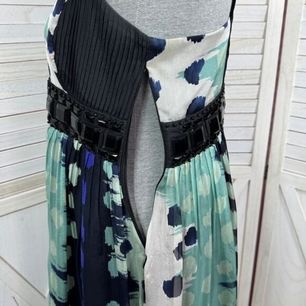 Zara Beaded Silk Pleated Multi Pattern Fit Flare Halter Dress Black Teal Medium - Picture 9 of 15